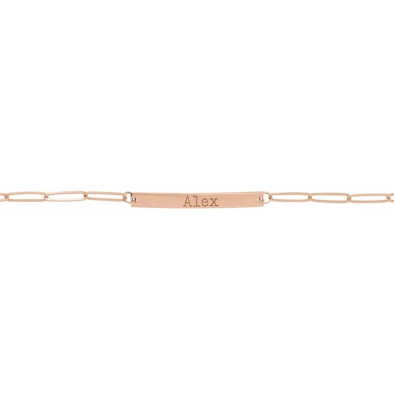 Engravable Bar Bracelet for that Personalised touch, up to 20 characters available on both sides of the 30x3.5mm bar, which is set on a 2.6mm paperclip-style chain in 14K Rose Gold.