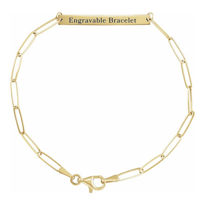 Engravable Bar Bracelet for that Personalised touch, up to 20 characters available on both sides of the 30x3.5mm bar, which is set on a 2.6mm paperclip-style chain in 14K Yellow Gold.