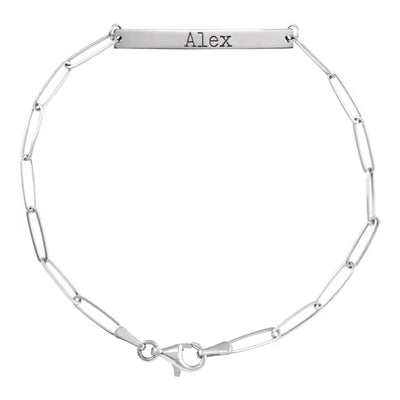 Engravable Bar Bracelet for that Personalised touch, up to 20 characters available on both sides of the 30x3.5mm bar, which is set on a 2.6mm paperclip-style chain in 14K White Gold.