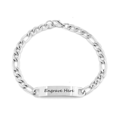 The bracelet’s engravable plate prominently displayed with the words "engrave here," highlighting the ideal space for customisation and meaningful design.