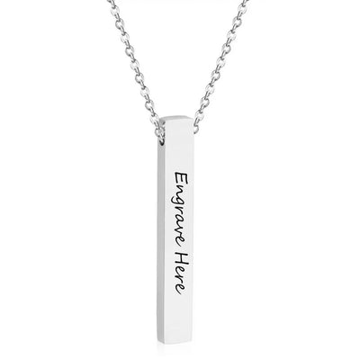 The bar pendant engraved with the words "engrave here," showing the ample 23-character space for your customisation.