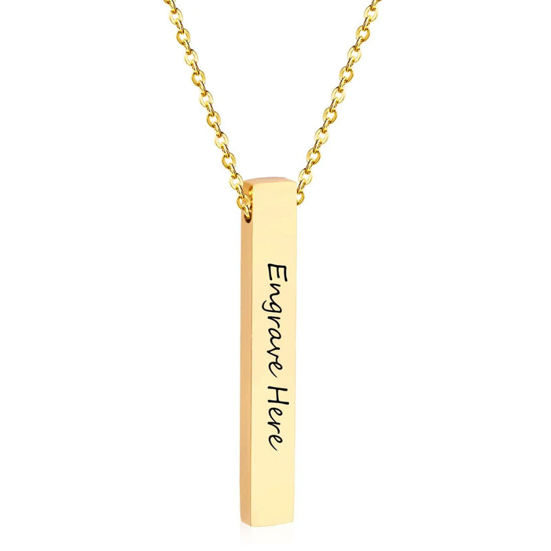 A detailed shot of the bar pendant, engraved with the words "engrave here," highlighting its 23-character engraving space for customisation.