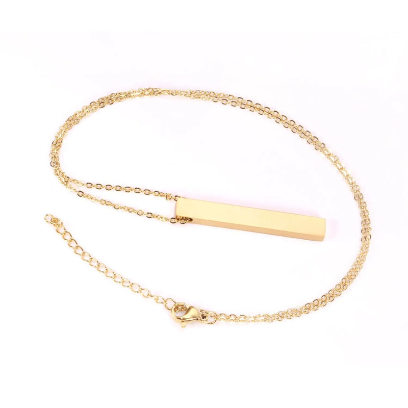 A close-up image of the elegant bar pendant necklace, showcasing its sleek design and delicate 18K gold-plated adjustable cable chain.