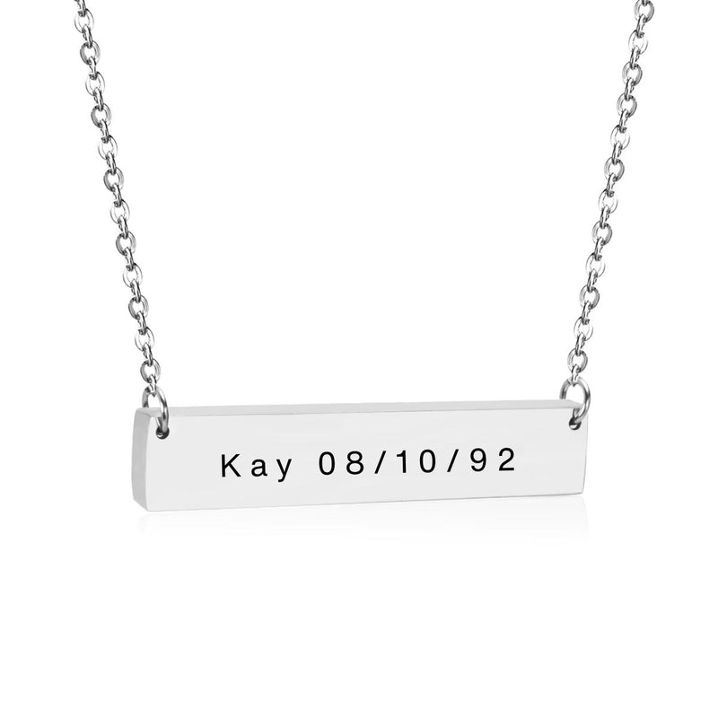 A close-up of the Horizontal Bar Necklace in Stainless Steel, engraved with a name. The 35x8mm bar is sleek and stylish, perfect for everyday wear.