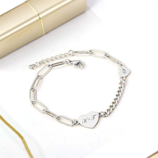 Double Heart Engravable Bracelet – Silver & Gold