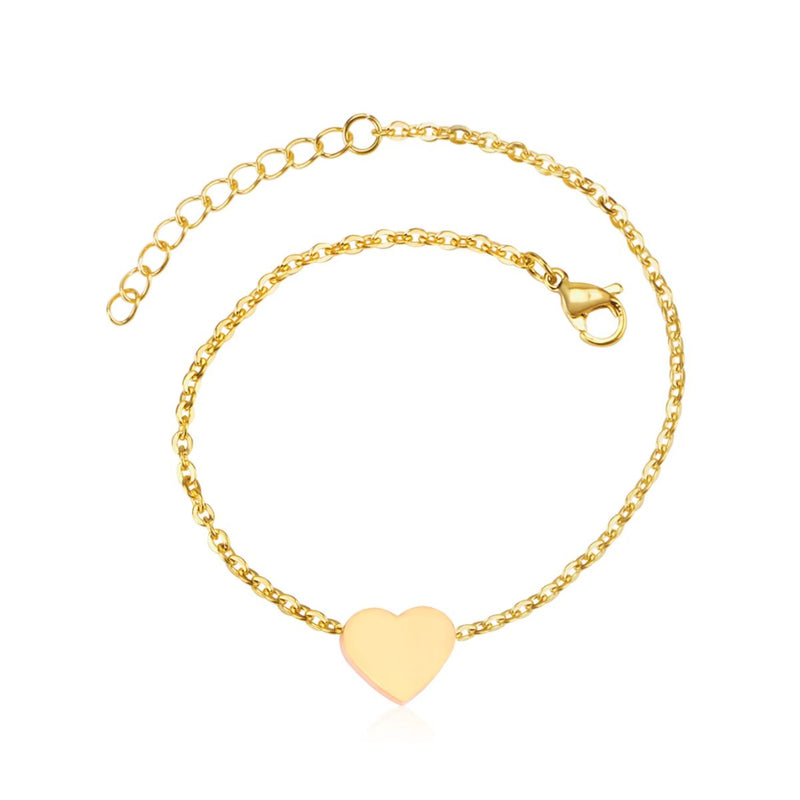 A sleek close-up of the 18K Gold-Plated Engravable Heart Bracelet against a crisp white background, highlighting the polished 12x10mm heart and timeless design.