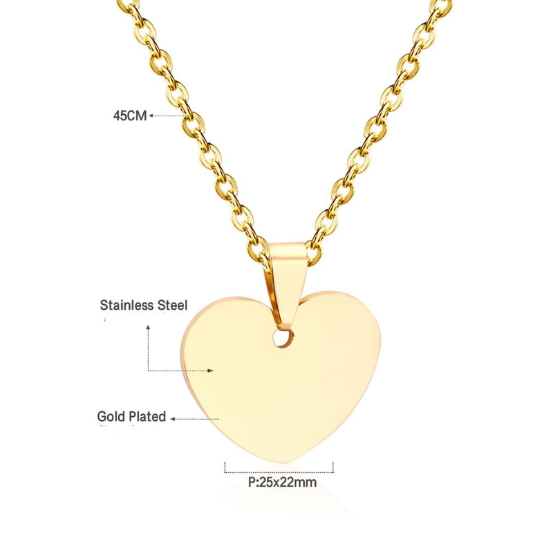 The radiant gold heart pendant displayed against a soft, dreamy background, highlighting its 25x22mm size, hypoallergenic finish, and 45cm (18in) chain.