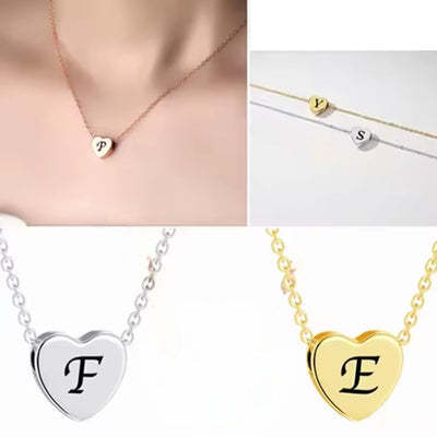 A montage of three images showing gold and silver heart necklaces engraved with initials like "P," displayed together for a side-by-side comparison of their elegance.