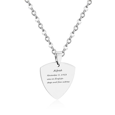 A stunning close-up of the Engravable Shield Stainless Steel Necklace, showcasing an inspiring inscription engraved across its surface - elegant, modern, and deeply personal.