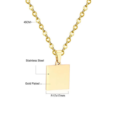 A close-up of the engraved square pendant, revealing the clean, polished surface and high-quality stainless steel 18K gold-plated finish for lasting beauty.