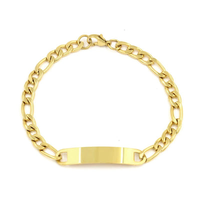 A close-up of the Gold Engravable Bracelet showcasing the 8mm Figaro chain, highlighting its luxurious 18K gold-plated finish and unisex design.