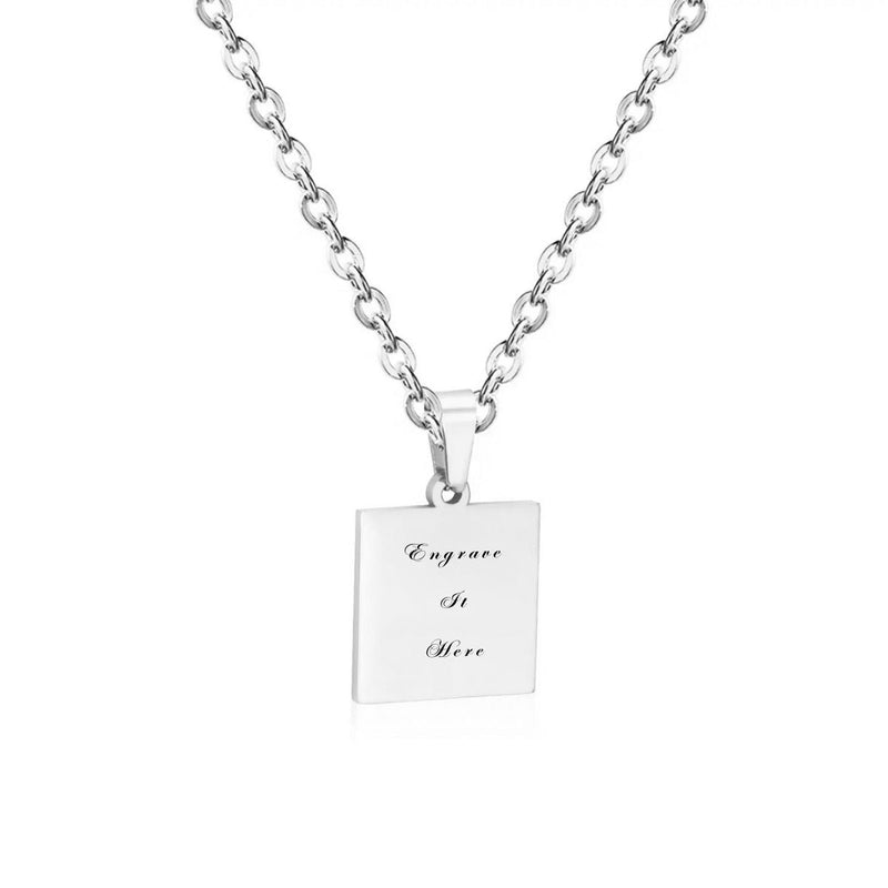 The Square Engravable Necklace, beautifully displayed on a jewellery stand, showcasing its sleek design, engraving area, and versatile styling options.