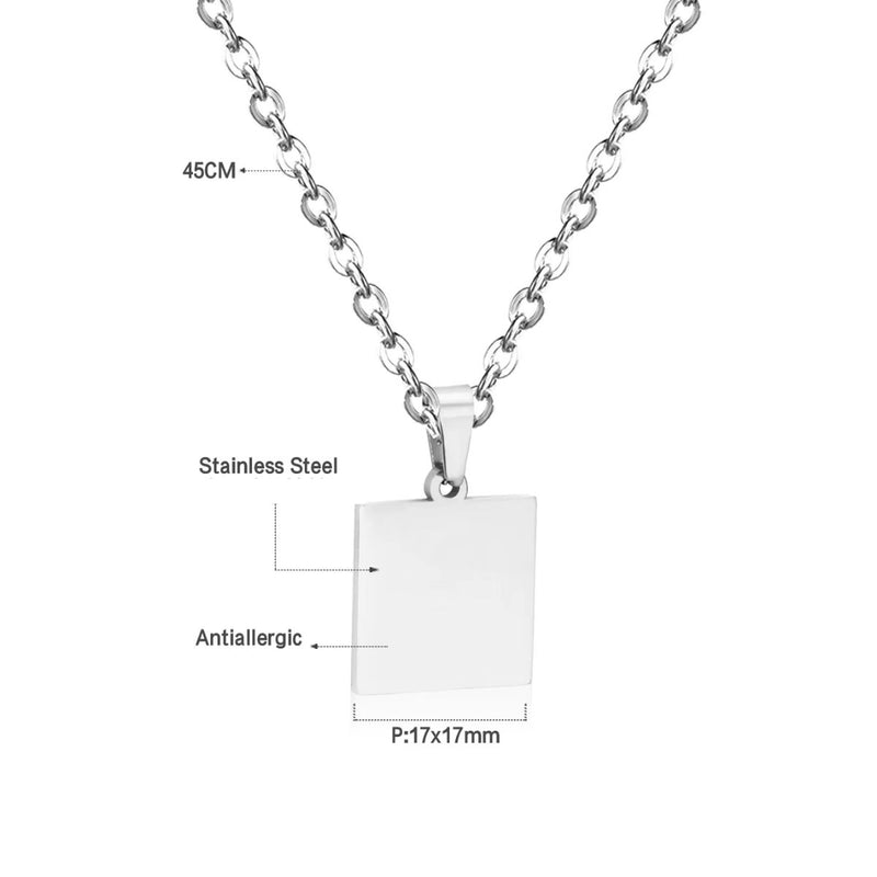 A close-up of the engraved square pendant, revealing the clean, polished surface and high-quality stainless steel finish for lasting beauty.