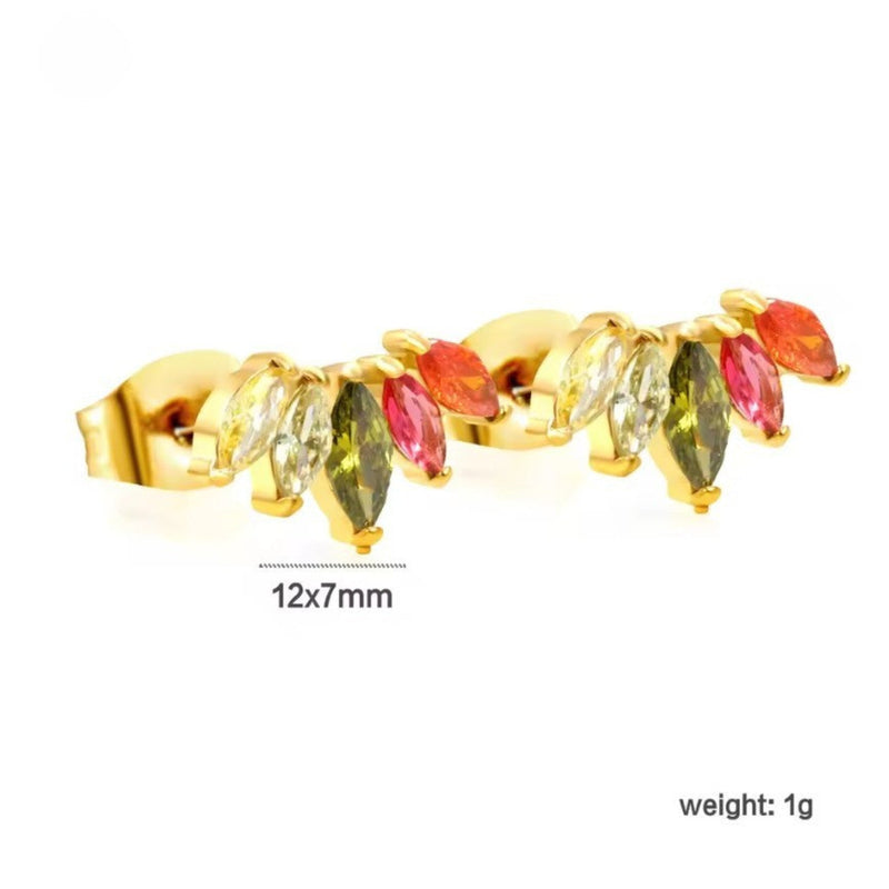 Technical graphic of colourful marquise CZ fan studs labelled 12 × 7 mm and weight 1 g, highlighting petite size and gold-plated posts.