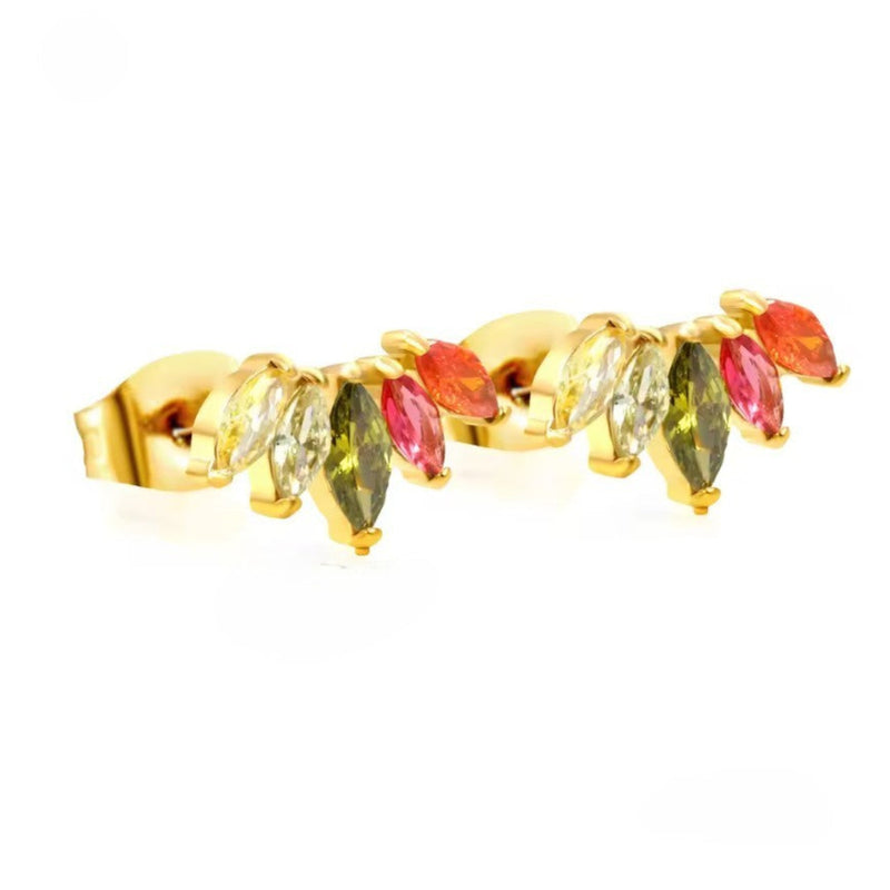 Isolated product shot of gold fan-style stud earrings with five multicoloured CZ stones, displayed on pure white for clear detailing.