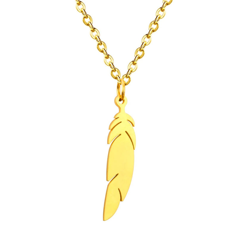 Close-up of the Feather Pendant Necklace capturing the intricate texture and elegant lines of the 39x8mm feather in rich 18K gold plating.
