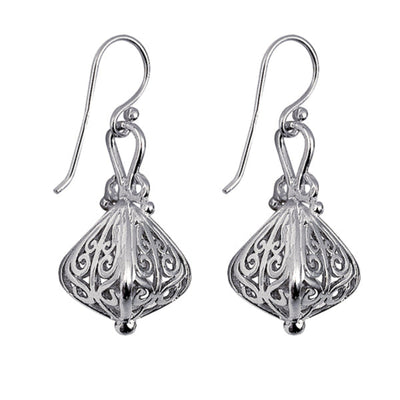 Sterling silver filigree lantern dangle earrings with intricate openwork design on hook earwires.