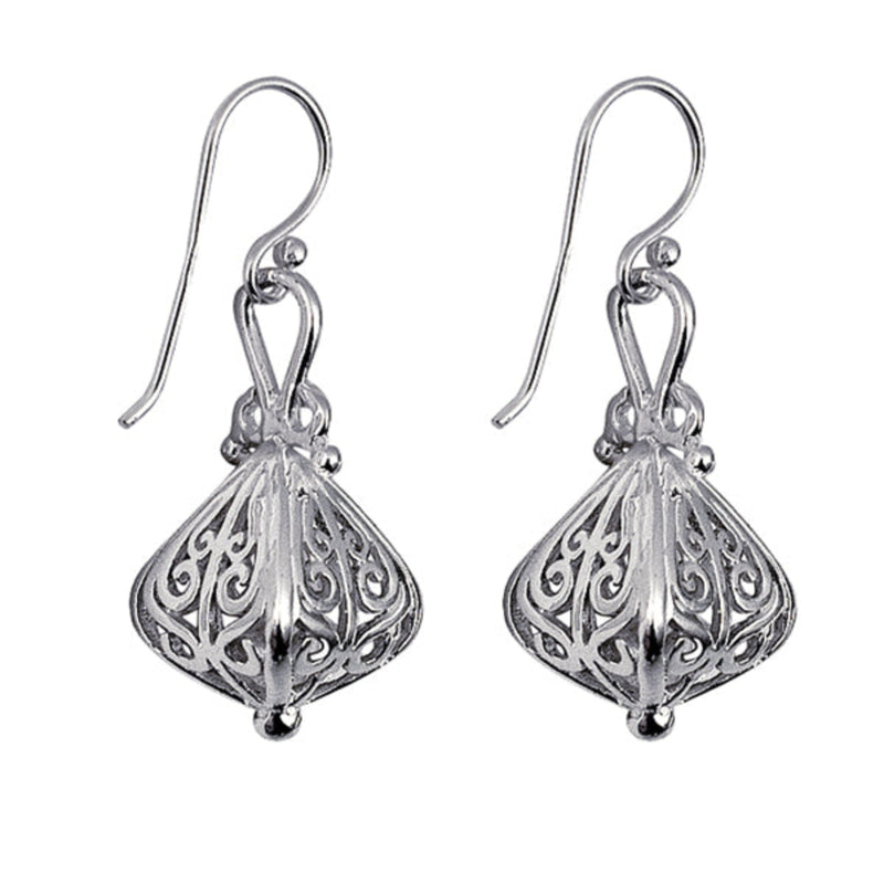 Sterling silver filigree lantern dangle earrings with intricate openwork design on hook earwires.