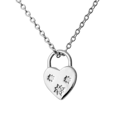 A detailed view of the 15x10mm sterling silver heart padlock pendant showcases its sleek design and three sparkling CZ accents, symbolising love and elegance.