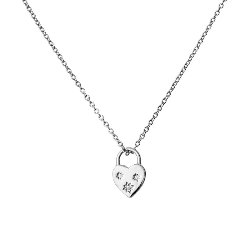 A sterling silver necklace featuring a flat heart padlock pendant accented with three CZ stones, elegantly displayed on a 42cm cable chain with a 5cm extender.