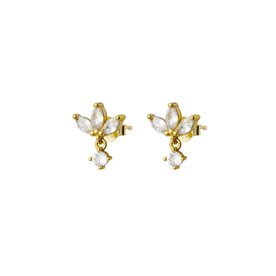 Gold-Plated Sterling Silver CZ Flower Stud Earrings with Dangle CZ Drop