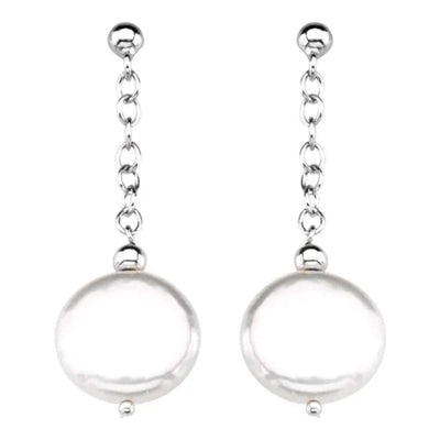 Our stunning Freshwater Cultured White Coin Pearl Earrings in sleek 925 Sterling Silver - the perfect accessory for any occasion! These classic and elegant earrings are made with freshwater cultured coin pearls dangle from a silver ball stud earring.