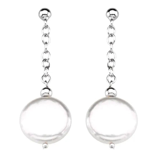 Freshwater Cultured White Coin Pearl Earrings in Sterling Silver