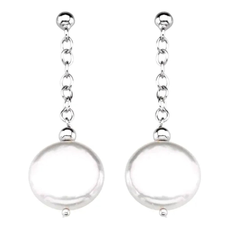 Our stunning Freshwater Cultured White Coin Pearl Earrings in sleek 925 Sterling Silver - the perfect accessory for any occasion! These classic and elegant earrings are made with freshwater cultured coin pearls dangle from a silver ball stud earring.