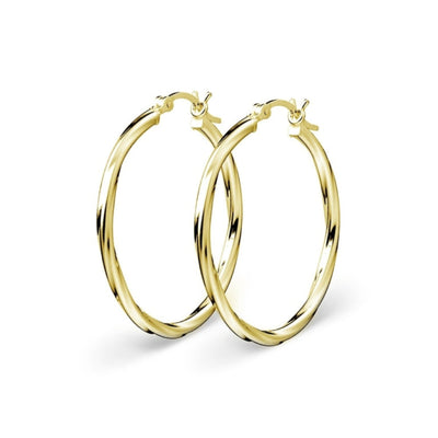 Pair of 50mm gold plated sterling silver 2mm twisted hoop earrings on white background.