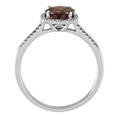 Front Side View of our 7mm Natural Mozambique Garnet and 0.01ctw Diamond Halo-Style Ring. Crafted from Rhodium Plated Sterling Silver this ladies ring is tarnish resistant and ideal for lovers of gemstones jewellery, garnet jewellery or silver jewellery.