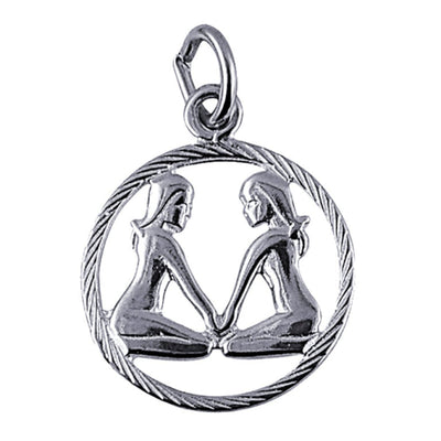 A close-up of the Gemini Zodiac Charm Pendant in sterling silver, showcasing the detailed twin design, symbolising Gemini’s duality, adaptability, and lively personality.