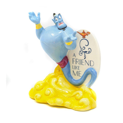 The Genie Flat Back Statue from Disney's Aladdin is a stunning piece of art that captures the spirit of the beloved character. This statue is made from fine bone china and is handmade and hand decorated to ensure the highest quality. The statue features the iconic quote "A Friend Like Me" that will remind you of the magical world of Aladdin.