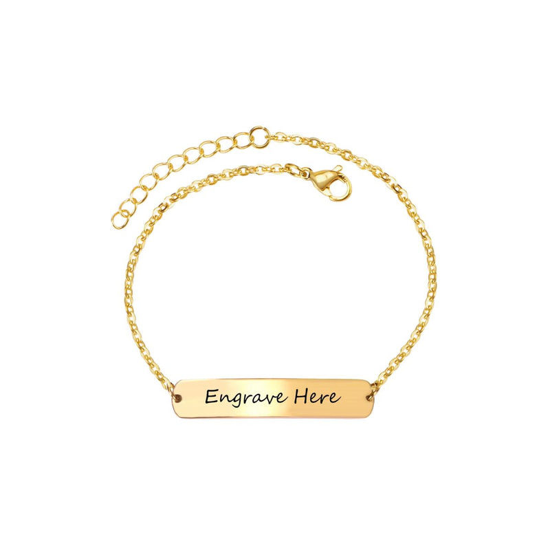 A close-up of the bracelet showcasing the engravable plate with the words "engrave here," highlighting its sleek surface and customisation potential.