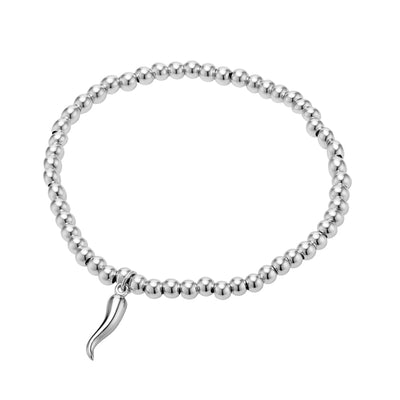 Sterling silver 4 mm beaded bracelet featuring a 13 × 4 mm Cornicello Italian horn charm, elastic design with anti-tarnish finish on white background.