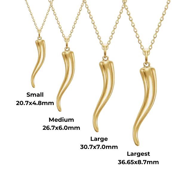 Our stunning Italian Horn Necklace in 14K Yellow Gold is a must-have accessory for both men and women! The Italian Horn, known as the "Cornicello Amulet," symbolises good luck, fortune, and protection against Malocchio (Evil Eye). This necklace is available in 4 different sizes, making it the perfect fit for anyone.