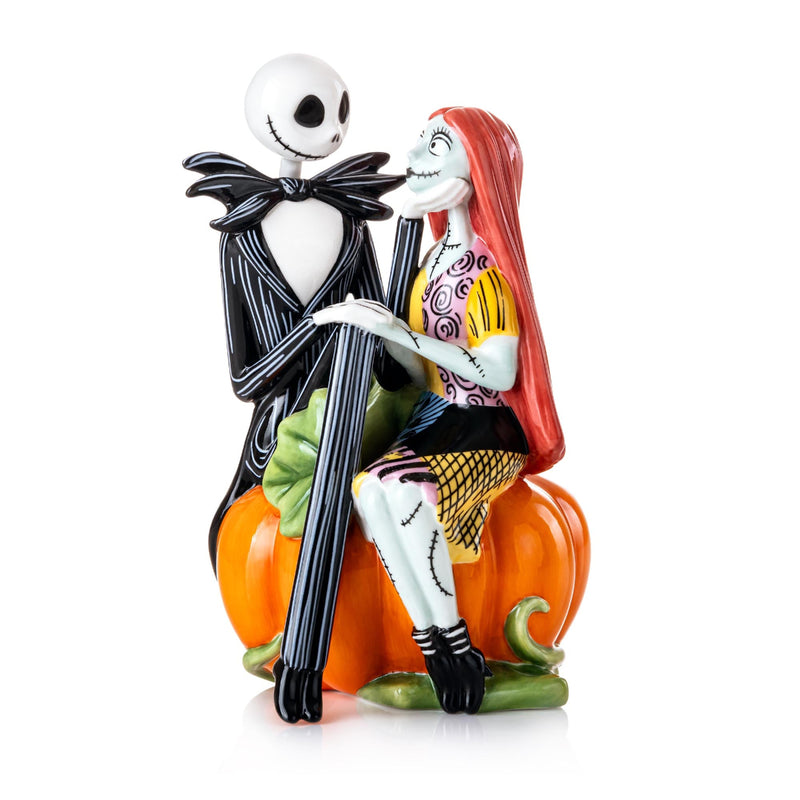 Jack and Sally on pumpkin fine bone china figurine, handmade and hand-painted Disney Nightmare Before Christmas collectible.