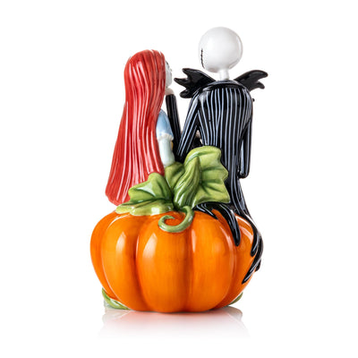 Rear view of Jack and Sally sitting on pumpkin, hand-painted fine bone china figurine from Nightmare Before Christmas.