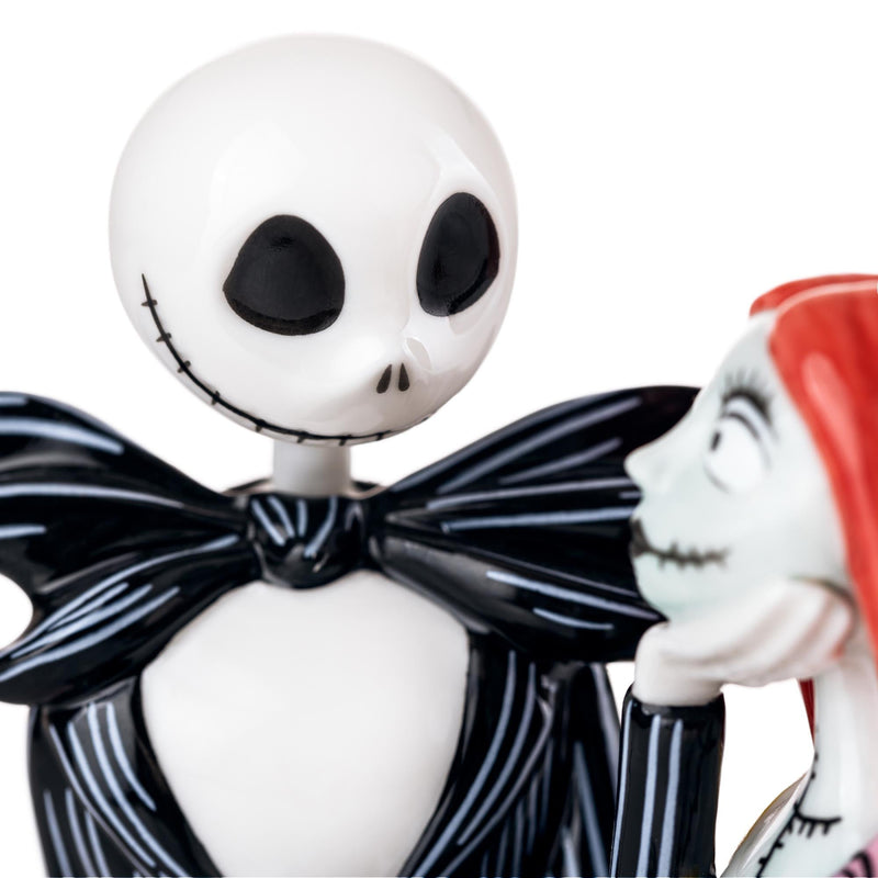 Close-up of Jack Skellington fine bone china figurine from Nightmare Before Christmas, handmade and hand-painted collectible.