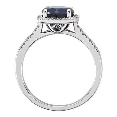 Front view of Discover elegance with our lab-created sapphire and 0.01CTW natural diamond silver ring. This stunning halo-style ladies ring is the perfect gift idea for any occasion. Shop now for a beautiful women's ring that combines sophistication and timeless beauty. Ideal for birthdays, anniversaries, and more.