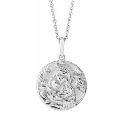 Madonna and Child Pendant set on an adjustable 40-45cm cable chain to create a stunning Necklace. This necklace is based on the painting Madonna and Child by Raphael and is a piece of art. Crafted from sterling silver this is a beautiful pendant necklace to add to your collection.