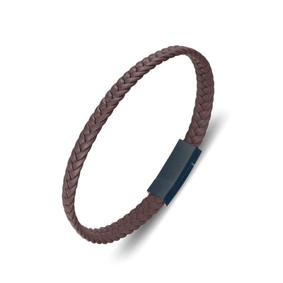 Top view from 45 degrees of the 7mm wide natural brown leather, this bracelet offers a sleek, modern look perfect for any occasion. The magnetic clasp ensures a secure fit, making it both stylish and practical. Shop Men's Jewellery from Jewels of St Leon.