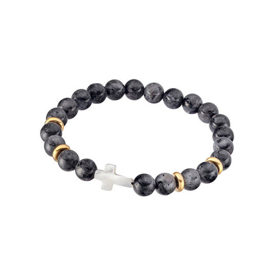 Blaze Men’s Snowstone Bead Bracelet with Gold Plated Stainless Steel and Shell Cross