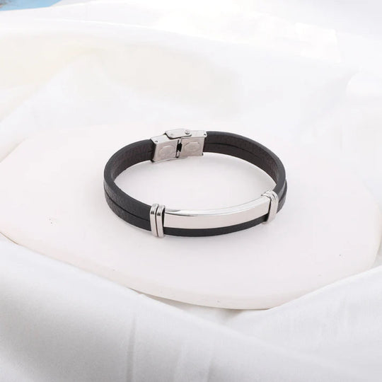 Men's Leather Bracelet with Engravable Plate
