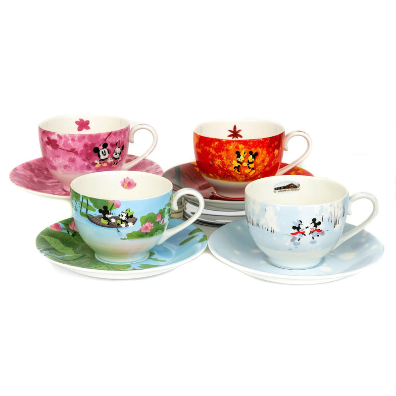 Close-up of Mickey and Minnie Seasonal teacup and saucer sets in fine bone china.