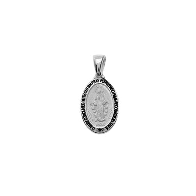 This beautiful Miraculous Medal pendant is a sterling silver oval measuring 23x11mm. The front depicts the Blessed Virgin Mary with the date 1830, and the inscription "O Mary conceived without sin pray for us who have recourse to Thee". The reverse side features the traditional large M with Christ's Cross, the twelve stars, and the Sacred Heart of Jesus and Immaculate Heart of Mary. Available at Jewels of St Leon.
