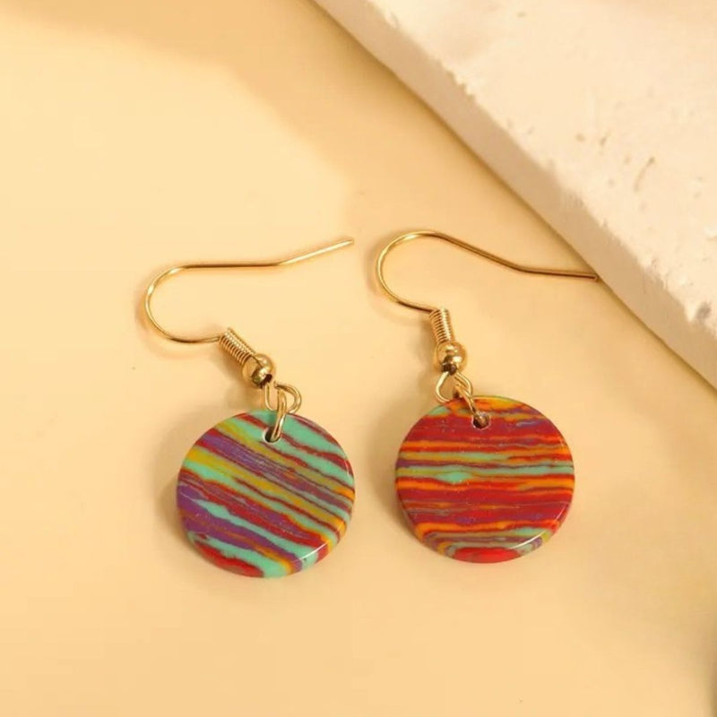 A close-up of the Multi-Colour Marble Style Earrings, highlighting the vivid mix of colours and the luxurious gold-plated stainless steel design.