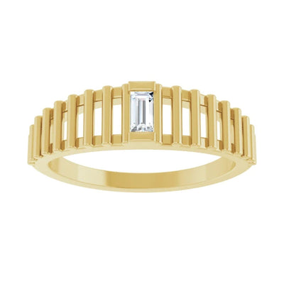 Introducing our newest addition, this beautiful 0.10ct Solitaire Diamond Ring in 14kt Yellow Gold. This women's ring is a fashion statement with its sparkling solitaire natural diamonds and descending bars. This gold ring is perfect for work, special occasions, and a night out on the town.