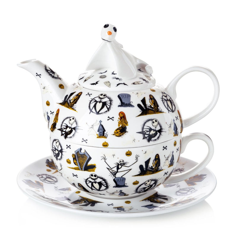 The Nightmare Before Christmas Tea for One Set together showcases intricate character motifs of Jack Skellington, Sally, and others. Atop the set sits Ghost Dog Zero, bringing whimsy and magic to this fine bone china creation.