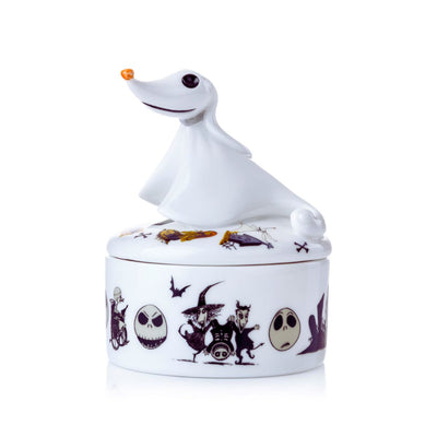 Side View of Mini Zero Treasure Box: This side view displays the detailed artwork of the Mini Zero Treasure Box, featuring beloved characters from Nightmare Before Christmas, all hand-painted on fine bone china. Shop Disney from Jewels of St Leon.