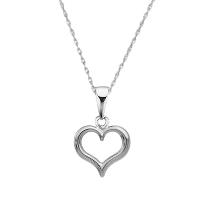 This stunning 45cm silver necklace features an open heart pendant measuring 19x20mm, set on a delicate 1mm rope chain. This ladies' silver jewellery boasts a fashionable style that will complement any outfit. Share your love with this heart necklace, which makes an ideal gift for someone special or a perfect treat for yourself to add a touch of self-love to your collection.